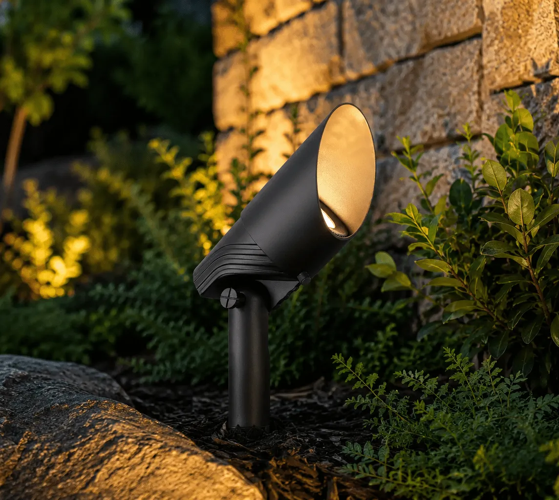 Low-voltage accent spotlight casting warm light up a stone wall