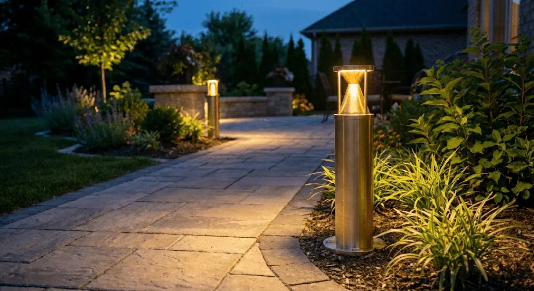 Stainless bollard path lights along a paver walkway at twilight