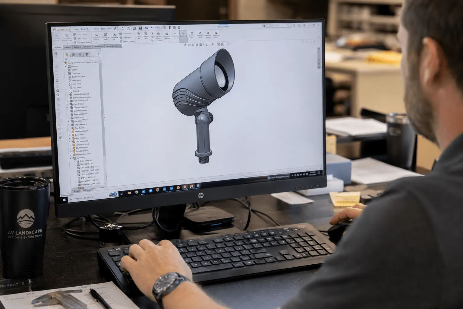 Engineer modeling a landscape spotlight in CAD software with calipers and parts on the desk