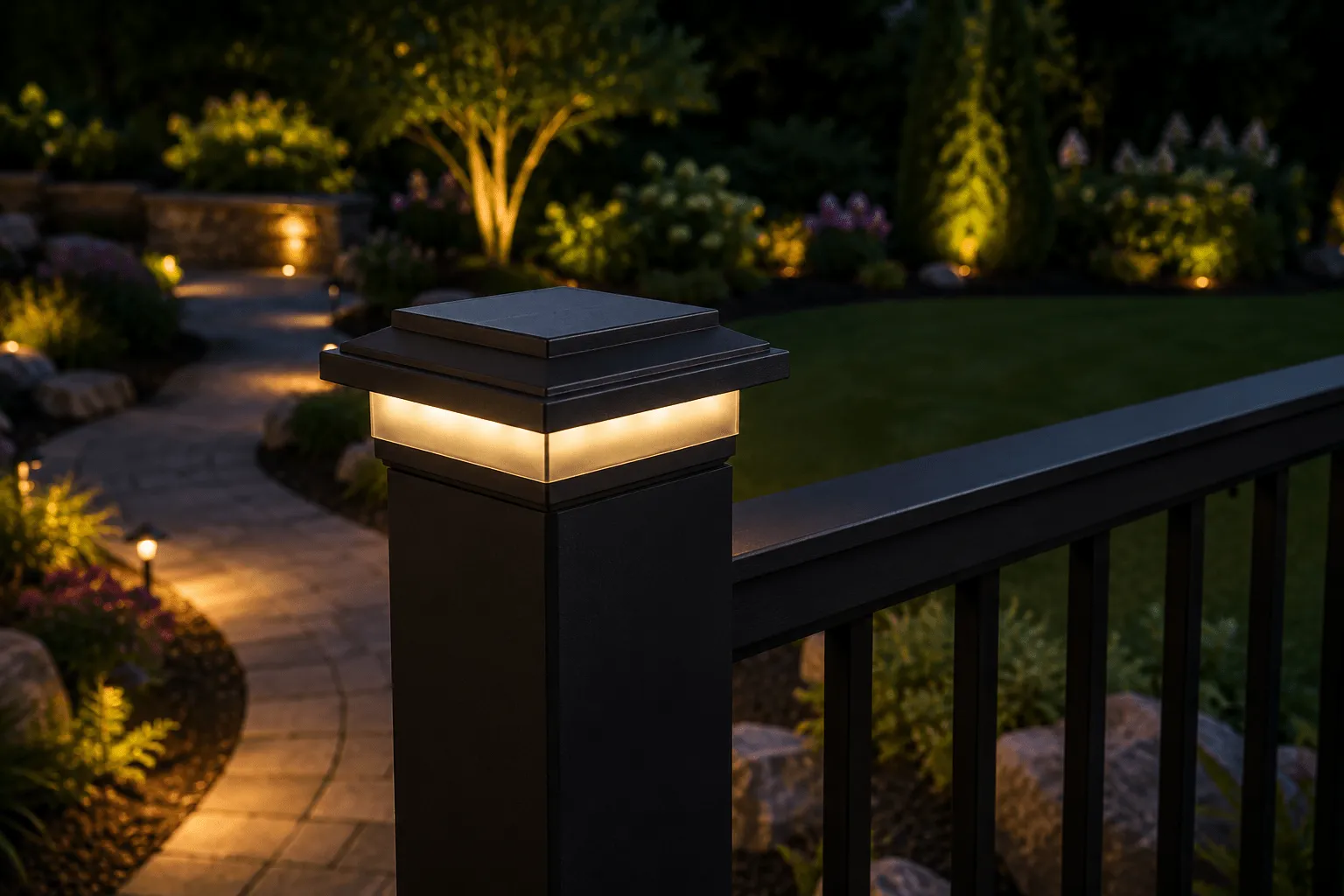 Deck post cap light glowing warm white at night
