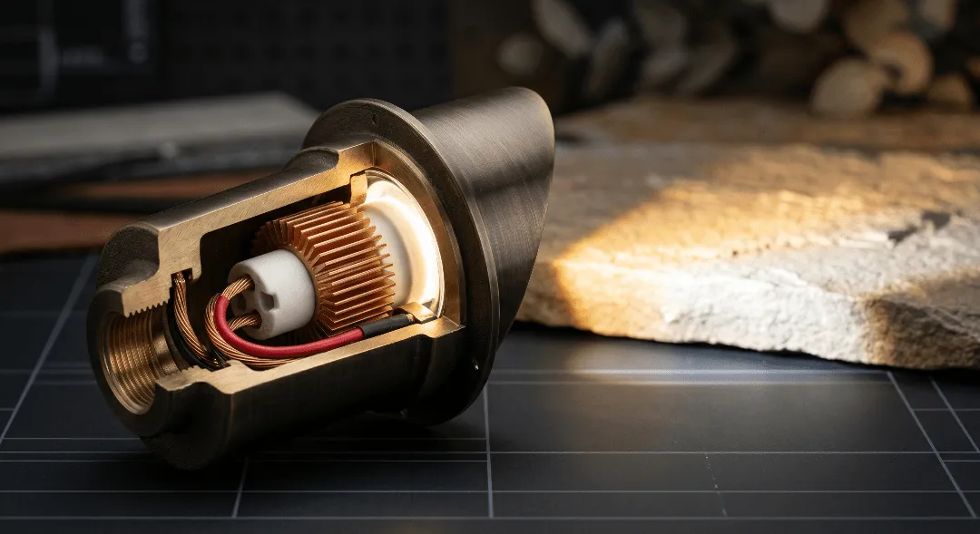 Cutaway of a brass landscape fixture showing internal engineering