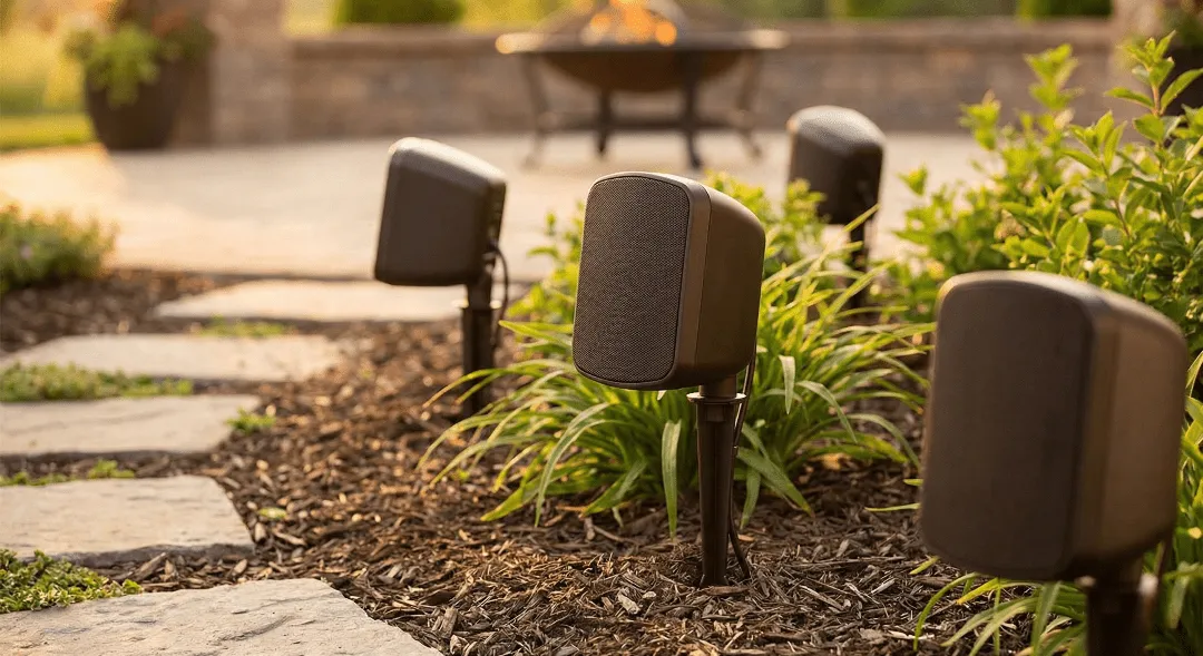 Landscape speakers along a stone garden path at golden hour