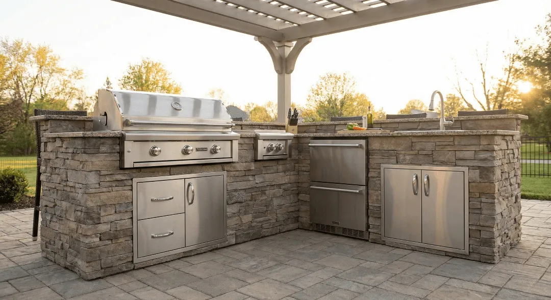 Stone outdoor kitchen island with stainless grill under a pergola