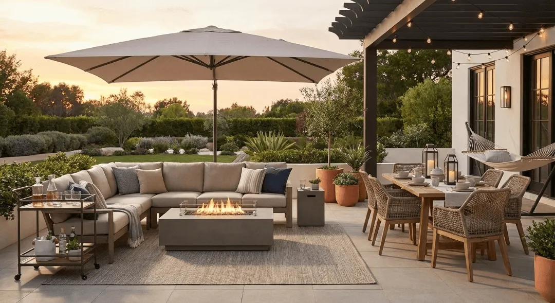 Sunset patio with sectional seating around a lit concrete fire pit table