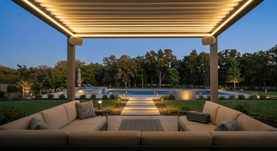 Modern louvered pergola with integrated LED lighting and outdoor speakers at twilight