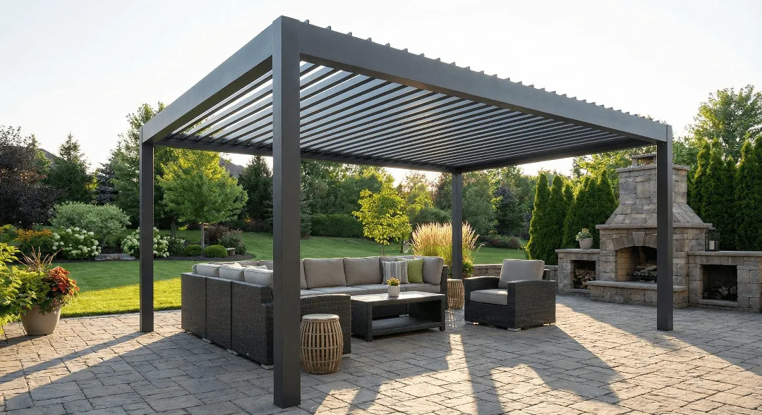 Louvered aluminum pergola over an outdoor lounge at dusk