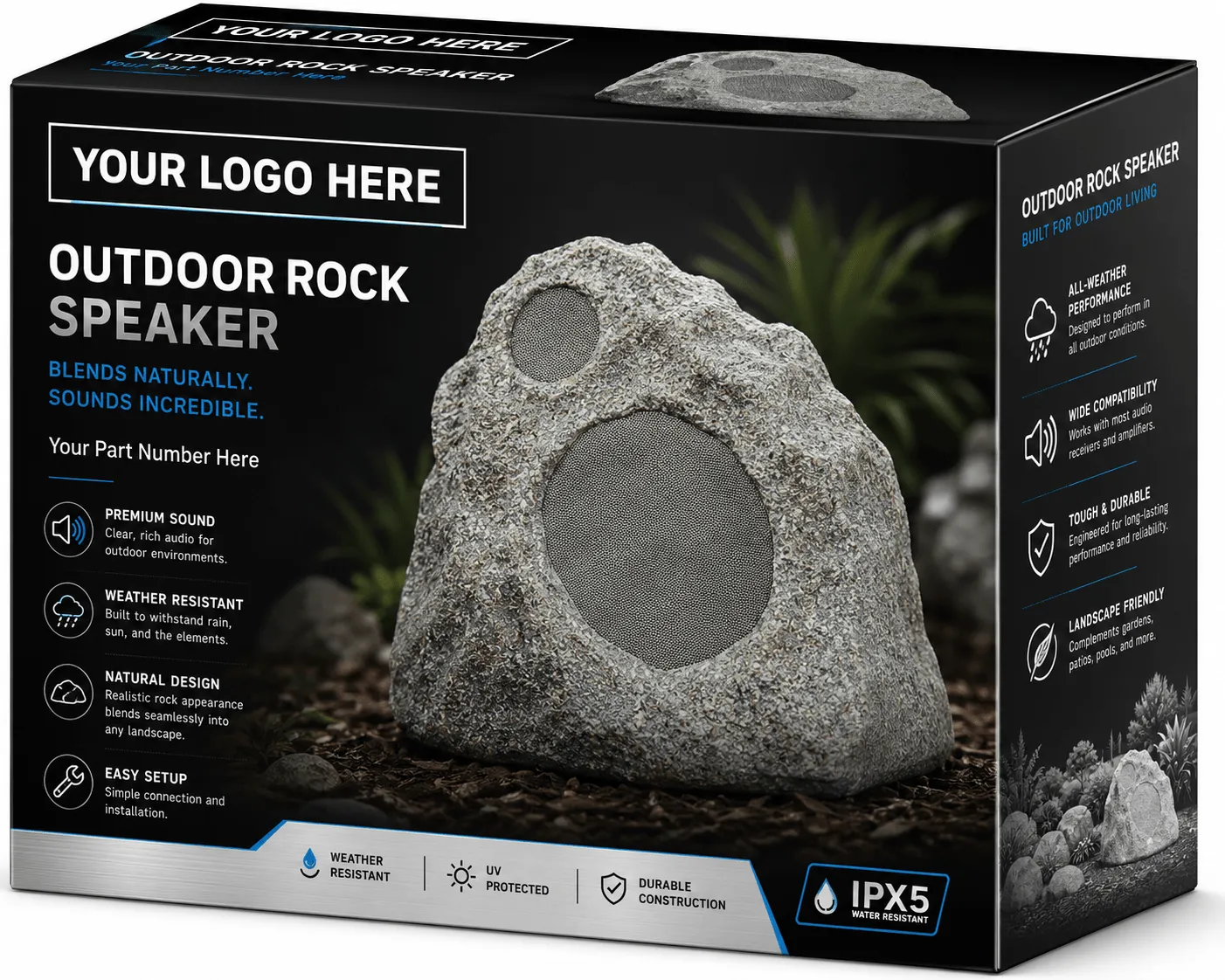 Private label retail box for an outdoor rock speaker with a Your Logo Here placeholder
