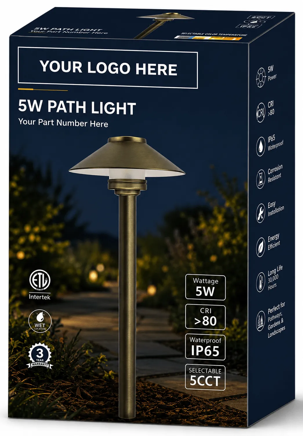 Private label retail box for a brass path light with a Your Logo Here placeholder