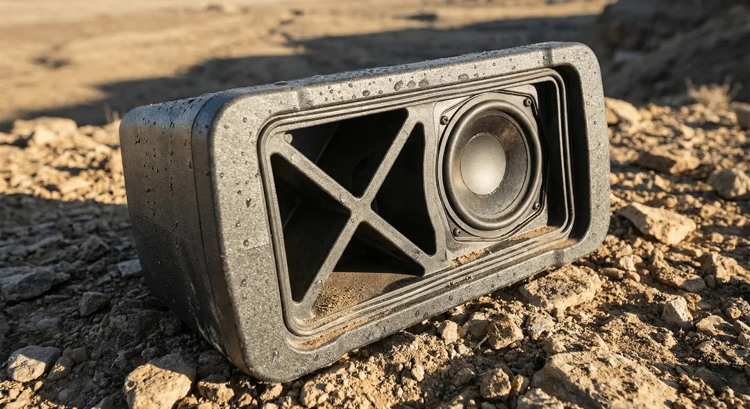 Rugged cast-metal outdoor speaker beaded with water droplets