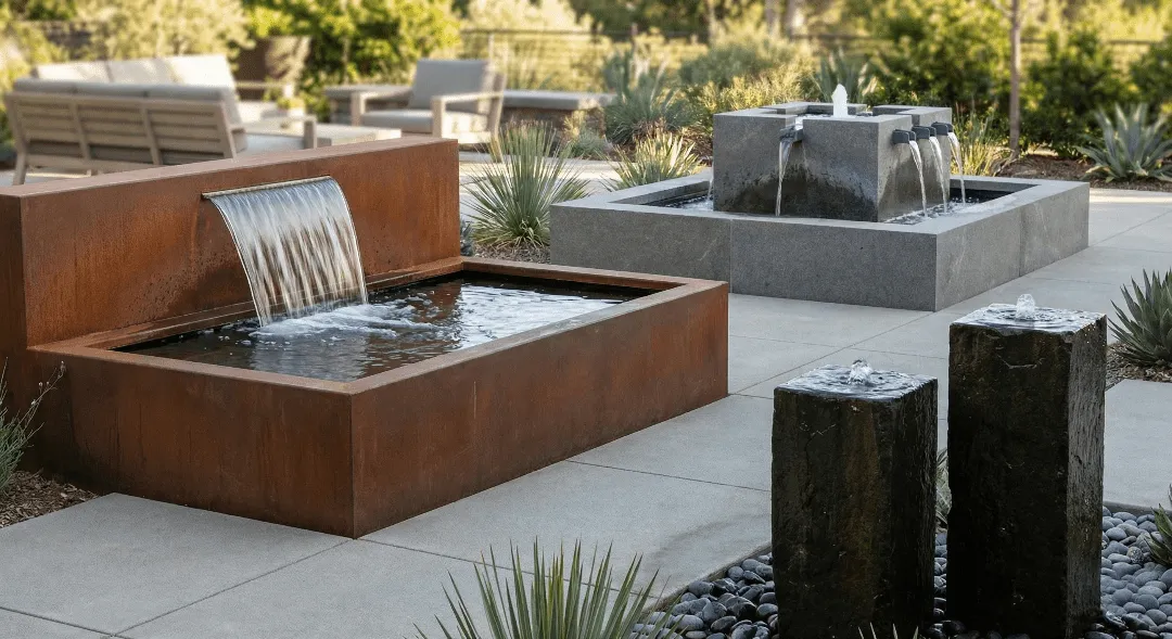 Architectural water features in a modern landscaped courtyard